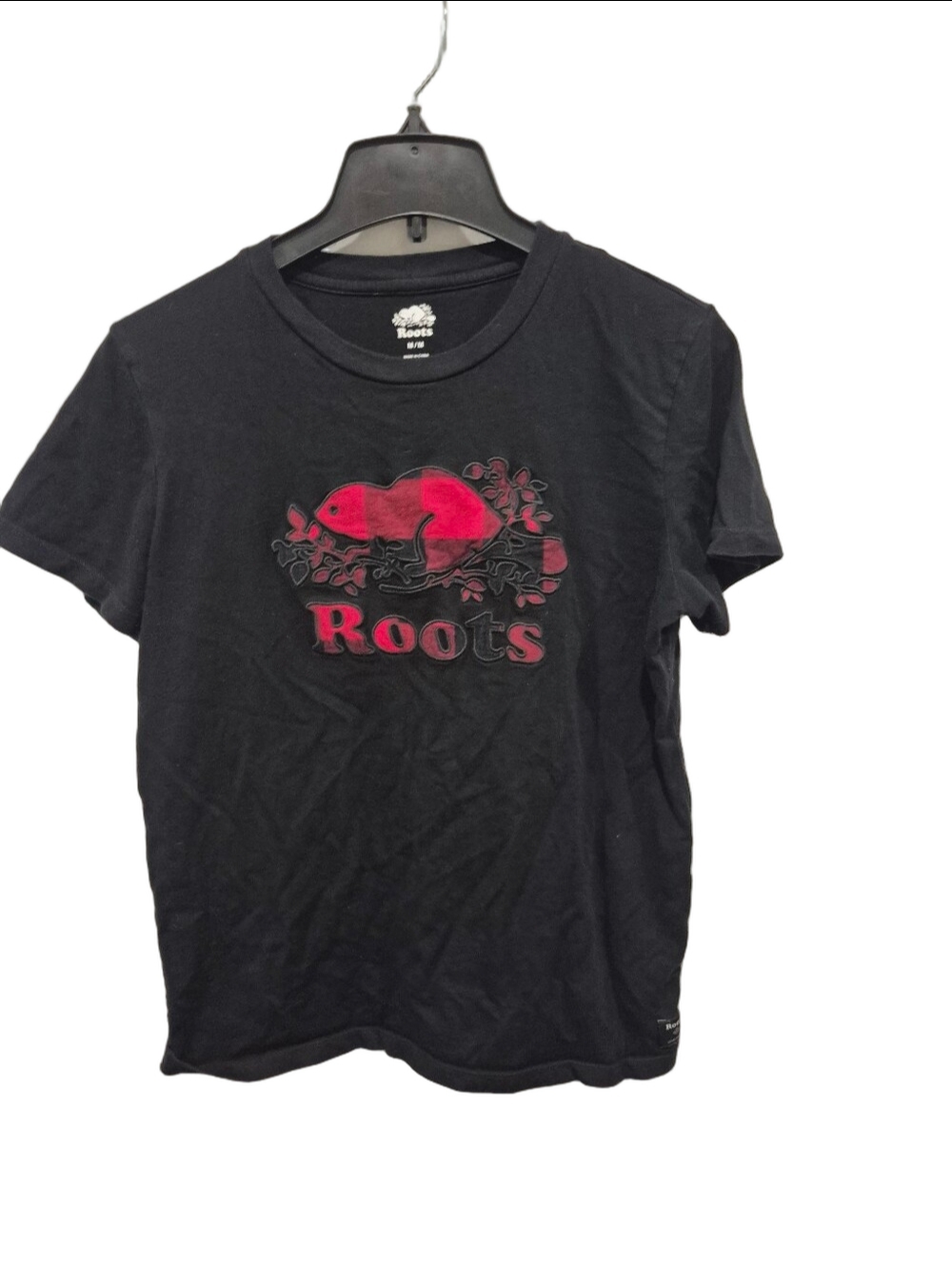 Roots Canada Red Plaid Beaver Graphic T-Shirt Black Size Medium